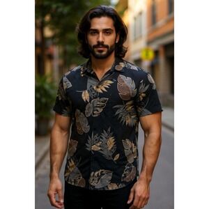 Vintage 90's Tori Richard Honolulu Silk Aloha Shirt L Black Leaf Jacquaro Luxe